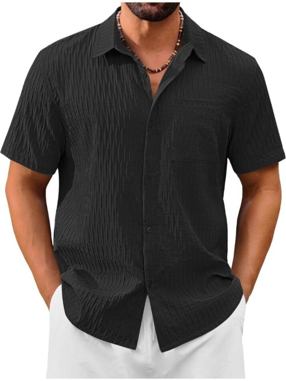 Men's Black Short Sleeve Casual Textured Polyester Button Down Shirts
